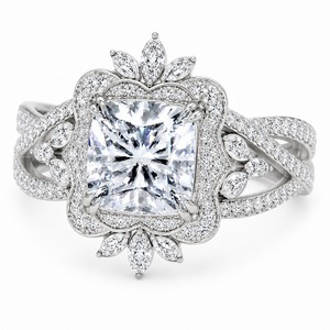 Anillo de compromiso y boda moderno de lujo con doble halo, diamante de laboratorio con corte princesa, oro blanco de 18K, diseño floral real marquesa - Product Image 6