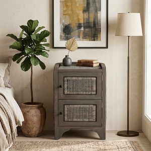 New Modern Minimalist Surabaya Wooden Storage Cabinet Natural Rattan Wicker 2 Doors Chest <b>Side</b> <b>Table</b> Storage Nightstand - Product Image 4