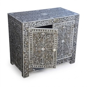 Table de chevet indienne géométrique en os incrusté, noir et blanc, avec 3 tiroirs, commode de luxe moderne pour chambre à coucher, vente en gros - Product Image 6