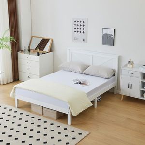 White Full-Size Solid Wood <b>Platform</b> <b>Bed</b> <b>Frame</b> with Headboard - Product Image 5