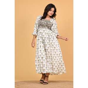 Robe longue maxi en coton indien faite à la main pour femme, style bohème, smockée, pour l'été, tenue de soirée, écologique, respirante, à manches évasées - Product Image 3