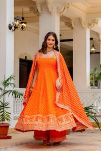 Designer Embroidery And Real Mirror Work Bandhani Vichitra <b>Silk</b> Gown With Plazzo Bottom And Lehariya Dupatta Ready To Wear Set - Product Image 3