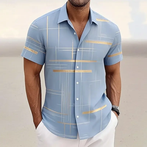 Camisa de hombre con estampado geométrico a cuadros, informal, a la moda, para vacaciones al aire libre, estilo urbano, camisa de manga corta con estampado 3D - Product Image 5