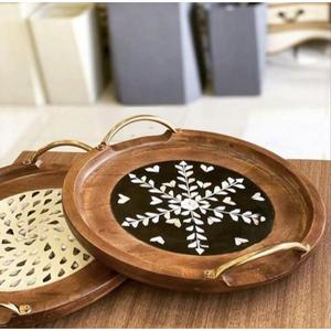 Bandeja Decorativa Redonda de Madera con Diseño Floral, Bandejas Hechas a Mano para Servir Té, Café y Aperitivos, Último Modelo con Asas de Cuerda - Product Image 5