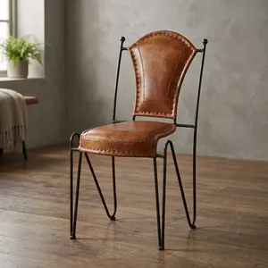 Vintage Brown Leather Dining <b>Chair</b> with Curved Backrest Armless Design <b>Metal</b> Frame <b>Legs</b> Rustic Industrial Accent Seating - Product Image 6