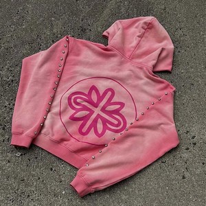 Hoodie court rose avec détails en strass, imprimé graphique, style streetwear, coupe ample unisexe, vêtement d'automne - Product Image 3