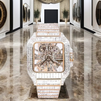 Montre mécanique automatique de luxe pour homme, style Hip Hop, analogique, en acier inoxydable bicolore, avec cadran squelette carré, sertie de moissanite baguette et verre, finition glacée