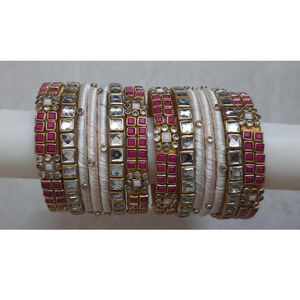 Handmade Kundan <b>Silk</b> <b>Thread</b> <b>Bangles</b> <b>Set</b> White & Pink Stone Work – Traditional Indian Bridal Wedding Jewelry - Product Image 4