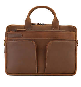 Brown Leather Laptop Bag with Dual Compartments Front Zipper Pockets and Adjustable Shoulder Strap Low MOQ - Product Image 6