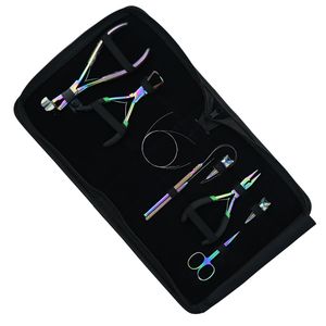 Kit d'outils professionnels pour extensions capillaires en acier inoxydable : Pince à bandes, Outil à boucles, Ciseaux, Outil à fil, Outil à crochets, Outil à doigts pour séparation, Étui en Rexine - Product Image 1
