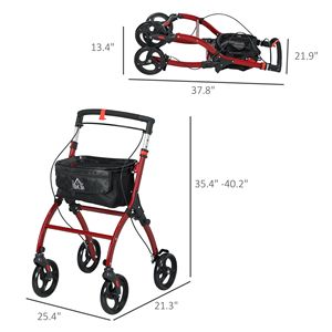 Deambulatore Regolabile in Altezza per Anziani con Doppio Freno, Ruote e Vano Portaoggetti, Leggero, Rosso - Product Image 3