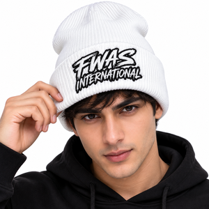 Bonnet en fil acrylique premium, logo personnalisé, unisexe, côtelé, pour l'hiver, avec revers graphique contrastant, vente en gros, fournisseur de mode USA - Product Image 2