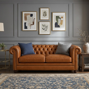 Sofá Chesterfield de Cuero Genuino de Lujo con Respaldo Acolchado Profundo, Brazos Enrollados y Estilo Clásico Marrón Vintage para Sala de Estar - Product Image 2