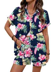 Conjunto de Verano para Mujer, Camisa de Manga Corta con Botones y Pantalones Cortos de Tela de Gasa Arrugada, de la Mejor Calidad, para Viajes y Relajación - Product Image 1