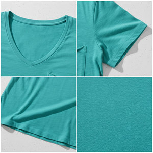 T-shirt basique uni pour femme à col en V avec poche, manches courtes, en mélange de coton, tissu doux, poche poitrine, personnalisable OEM, vente en gros, direct usine - Product Image 5