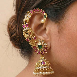 18K Gold Plated Star Drop Ear Cuffs with Rhinestones and Pearl for Party - Product Image 1