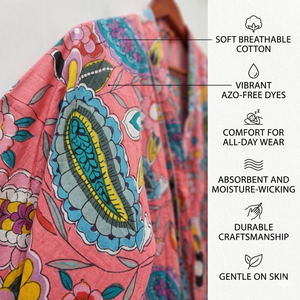 Bata Kimono de Algodón con Estampado Floral Paisley Rosa, Cuello en V, Manga Larga, Bata de Estar por Casa, Bata de Baño, Bata de Spa con Bolsillos - Product Image 5