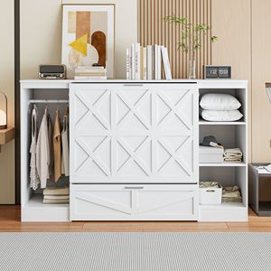 Lit Murphy double blanc avec étagères pratiques au chevet et armoire intégrée - Product Image 2