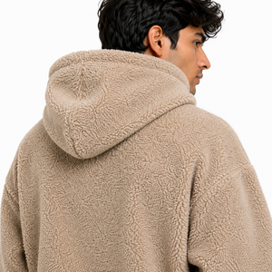 Men's Beige Sherpa Fleece Tracksuit Set 2PC <b>Full</b> <b>Zip</b> <b>Hoodie</b> Wide Leg Trousers Warm Winter Streetwear Custom OEM Manufacturer - Product Image 3