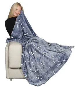 100% POLYESTER HIGH QUALITY HOT SALES AMAZON FLEECE PLUSH FLANNEL GLOW IN THE DARK BLANKET CONSTELLATIONS BLUE WHOLESALE