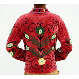 Red Velvet Knitted Cotton Fleece Jacket with Hand Embroidered Floral Pattern Full Sleeve Mandarin Collar Open <b>Stitch</b> Winter Wear - Product Image 6