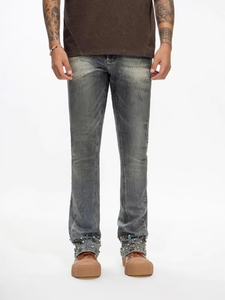 Jean en denim pour homme de haute qualité en coton, marque américaine Highstreet, coupe évasée taille mi-haute, rivets en strass, délavage vintage, style Y2K - Product Image 1