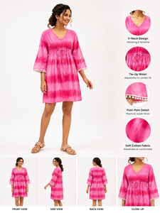 Tie Dye Rayon <b>Kaftan</b> Dress Boho <b>Summer</b> Mini Dress V Neck Flare Sleeve Drawstring Waist Pink Women Wear - Product Image 4