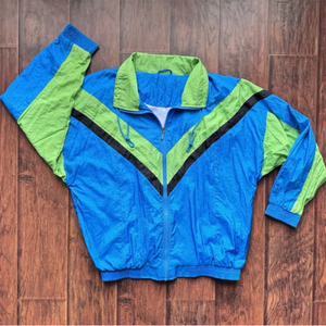 Unisex Blue Green Color Blocking <b>Track</b> <b>Jacket</b> Full Sleeve Crew Neck <b>Vintage</b> Style 100% Nylon Lightweight Waterproof Summer Wear - Product Image 1