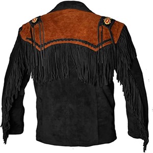 Men's Black Suede Leather <b>Jacket</b> With <b>Fringe</b> And Concho Decor Turn-down Collar Zipper Closure Casual Autumn Wear - Product Image 2