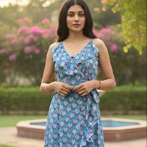 Robe cache-cœur bohème en coton premium pour femme, imprimé floral, bretelles réglables et liens latéraux – Légère, idéale pour les vacances d'été - Product Image 1