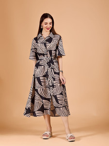 Black geometric Print fit & flare <b>dress</b> <b>Shirt</b> collar Midi length in flared hem Cotton fabric Floral Print Formal V-Neck <b>Dress</b> - Product Image 4