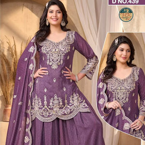 Ensemble Kurti Palazzo Dupatta brodé violet pour femmes, tenue de soirée ethnique de créateur - Product Image 1