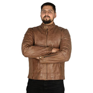 Veste en cuir véritable pour homme, style motard, marron vieilli, col mandarin, coupe ajustée, style vintage - Product Image 4