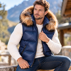 Men's Breathable Leather Puffer <b>Vest</b> with Fox Fur Hood | Genuine Leather Shell Windproof Autumn Outerwear - Product Image 4