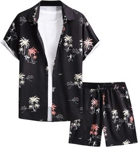 ชุดเสื้อเชิ้ตแขนสั้นลำลองสำหรับผู้ชายลายต้นปาล์ม ผ้าซาตินโพลีเอสเตอร์ระบายอากาศได้ดี ปกเสื้อแบบพับได้ - Product Image 1