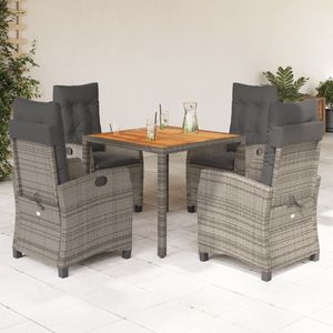 Set da Pranzo da Esterno in Polyrattan Grigio con Cuscini, 4 Posti, Mobili da Giardino con Piano in Teak e Struttura in Vimini - Product Image 1
