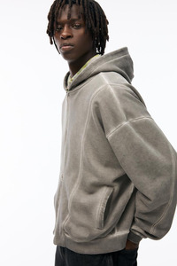 Sweat à capuche unisexe pour homme, coupe courte et oversize, effet délavé à l'acide, avec fermeture éclair, en coton thermique respirant, grammage lourd 500 GSM, doublé, pour l'hiver - Product Image 5