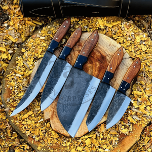 ชุดมีดเชฟเหล็กกล้าคาร์บอน 5 ชิ้น ตีขึ้นรูปด้วยมือ เกรดอุตสาหกรรม ใช้งานได้ทั้งสองมือ ปลอดภัยสำหรับเครื่องล้างจาน ด้ามไม้ รับประกัน 1 ปี - Product Image 2