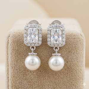 Boucles d'oreilles pendantes de luxe en argent sterling 925 avec perle taille émeraude et halo en forme de goutte d'eau, plaqué argent, bijoux de mariée et de fiançailles - Product Image 1