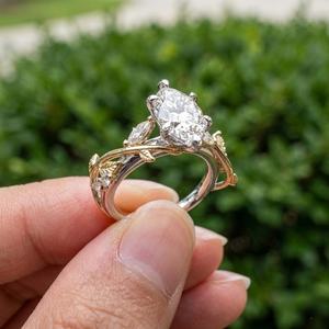 Nature Inspire Marquise Cut Moissanite <b>Tree</b> <b>Branch</b> Leaf Ring 3CT original 925 Silver With Gold Plated Anniversary Gift For Partn - Product Image 2