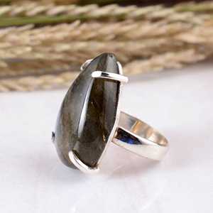 SHYAM JEWELRS Dainty 925 Sterling <b>Silver</b> Blue Fire Labradorite <b>Ring</b> Handmade Natural Pear Gemstone <b>Adjustable</b> Band Minimalist - Product Image 3