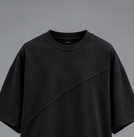 T-shirt à manches courtes surdimensionné noir pour homme, col roulé, couture diagonale, uni, formel, en coton/fibre de bambou tricoté - Product Image 2