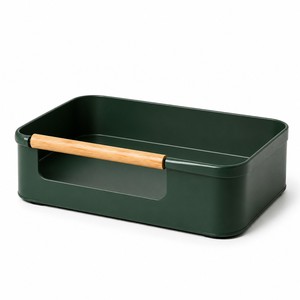 Panier de rangement moderne en métal avec poignée en bois, boîte organisatrice verte, plateau de rangement pour cuisine et bureau, améliore l'aspect de l'espace - Product Image 1