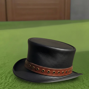 OEM/ODM custom made wholesales Handmade Leather Black Top <b>Hat</b> with Brown Grommet <b>Band</b> Steampunk Cosplay Gothic - Product Image 4