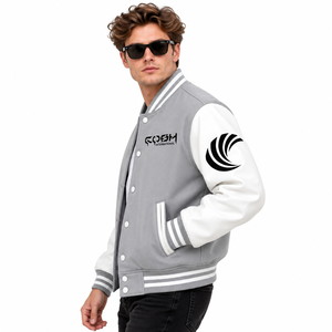 Veste varsity pour homme, couleur gris, blocs de couleurs, manches blanches, boutons pression, col montant, imprimé lettres, style décontracté - Product Image 2