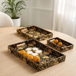 REHMAN CRAFT Juego de 3 bandejas de servir rectangulares modernas de MDF negro y dorado con diseño floral y asas recortadas para bodas, Ramadán, aniversarios - Product Image 5