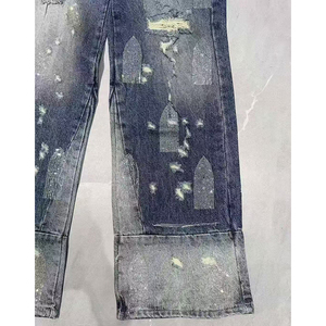 High Waist Straight Leg Distressed Denim Jeans With Ripped Details And Print Pattern Casual Style For Men Autumn Wear - Product Image 4