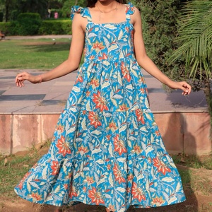 Hand Block Print Sleeveless Cotton <b>Boho</b> <b>Dress</b> for <b>Summer</b> Vintage Style Floral Embroidery Square Collar Sleeveless Maxi <b>Dress</b> - Product Image 1