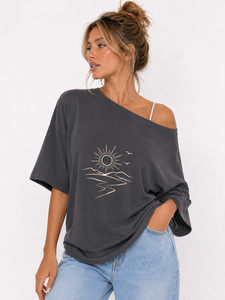Casual Beach Oversized Wide Neck Yellow Grey Off Shoulder women's shirt Custom Graphic Cotton Tee Embroidered logo Resortwear - Product Image 2