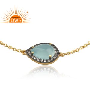 Best Selling Sterling Silver 18K Gold Plated Natural Cz & Blue Chalcedony Gemstone Chain <b>Bracelet</b> Demi Fine Jewelry Manufacturer - Product Image 3